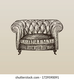 Hand-drawn sketch of wide Chesterfield leather armchair with quilted backrest. Armchair of the antique period. Vintage armchair. Chesterfield sofas	