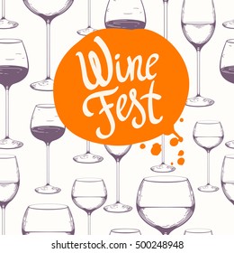 Hand-drawn sketch of wine glass on white background. Seamless glassware pattern. Vintage. Tasting party.