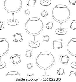 Hand-drawn sketch of wine glass. Seamless glassware background. Glassware pattern. Black and white style. Vintage. white background. a glass of shompansky, a glass for wine, a glass for margarita