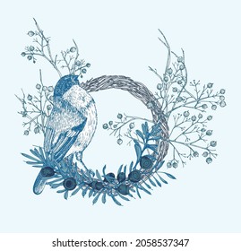 Hand-drawn sketch winter floristic wreath with bird, yew tree berries, branches, leaves in engraving style. Vintage door decor Wedding graphic frame Hello, fall. Thanksgiving retro Vector illustration