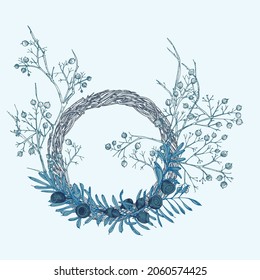 Hand-drawn sketch winter wreath with yew tree berries, branches, leaves in engraving style Vintage floristic door wreath Christmas retro decor Wedding graphic frame Hello, fall Vector illustration.