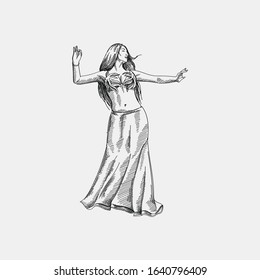 Hand-drawn sketch of the woman dancing oriental style. Belly dancing