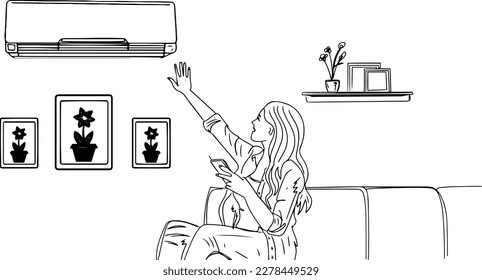 Hand-Drawn Sketch of a Woman Enjoying the Refreshing Air from Her AC, Outlined Drawing of a Woman Turning On Her Air Conditioner with a Remote, Beat the Heat, Refreshed and Rejuvenated