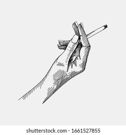 Hand-drawn sketch of a woman hand holding a cigarette on a white background. Female hand. Burning cigarette. 