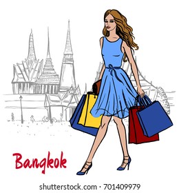 Hand-drawn sketch of woman near Grand Palace and Wat Prakeaw, Old City of Bangkok, Thailand