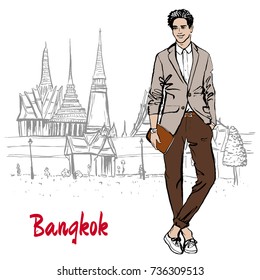 Hand-drawn sketch of woman near Grand Palace and Wat Prakeaw, Old City of Bangkok, Thailand