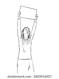 Hand-drawn sketch of a woman raising a blank protest sign and shouting. Black and white line art with clean strokes, isolated on a white background. Ideal for activism, protest, and social movements