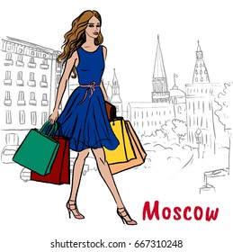 Hand-drawn sketch of woman with shopping bags in Moscow, Russia