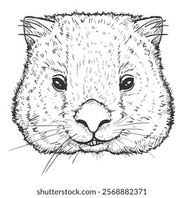 Hand-drawn Sketch Wombats Head Illustration. Front View