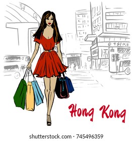 Hand-drawn sketch of women friends on Hong Kong street in China