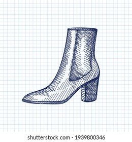 Hand-drawn sketch of women shoes. Ankle Booties on medium heel. Stylish and fashionable shoes. Shoes for walking. Feet accessories.	