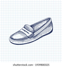 Hand-drawn sketch of women shoes. Loafers, slippers, moccasins. Stylish and fashionable shoes. Shoes for walking. Feet accessories.	
