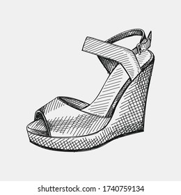 Hand-drawn sketch of women shoes. Wedge Sandals. Stylish and fashionable shoes. Shoes for walking. Feet accessories.