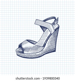 Hand-drawn sketch of women shoes. Wedge Sandals. Stylish and fashionable shoes. Shoes for walking. Feet accessories.	
