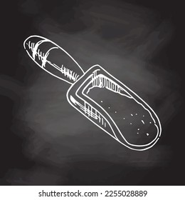 A hand-drawn sketch of Wooden scoop with flour.  Chalkboard vector hand drawn Illustration. Vector hatching monochrome drawing. Element for the design of labels, packaging and postcards.