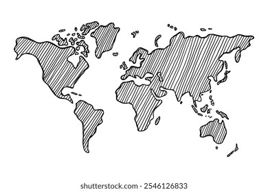 Um esboço desenhado à mão de um mapa-múndi com linhas diagonais preenchendo os continentes, mostrando uma representação minimalista e artística da geografia global.