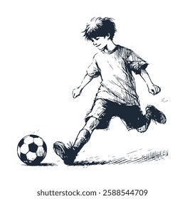 A hand-drawn sketch of a young boy playing soccer alone, capturing his determination and joy. Perfect for sports illustrations, childhood themes, and storytelling art.