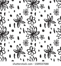 Handdrawn sketched flower pattern, vector black and white illustration