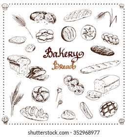 hand-drawn sketches of bakery products. bread, vector, calligraphy, lettering 
