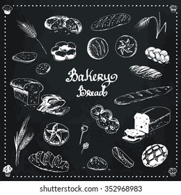 hand-drawn sketches of bakery products. vector, calligraphy, lettering - bakery bread. chalk & blackboard