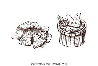 Hand-drawn sketches of bowl with guacamole, nachos and parsley leaves with a handful of nachos. Vintage drawing. Vector food sketch illustration. Illustration for menu. Latin America.