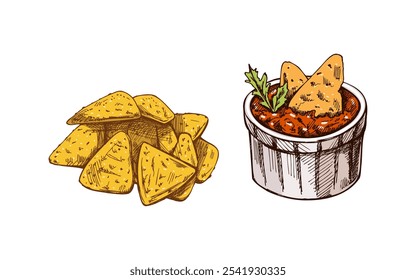 Handgezeichnete Skizzen der Schüssel mit Guacamole, Nachos und Petersilienblätter mit einer Handvoll Nachos. Vintage-Zeichnung. Vektorgrafik mit Lebensmittelskizze. Illustration für Menü. Lateinamerika.