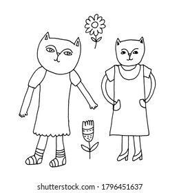 Hand-drawn sketches of cats and flowers in doodle style.