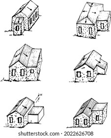 Hand-drawn sketches of different types of roofs. Roofs in different directions. Building technique. 