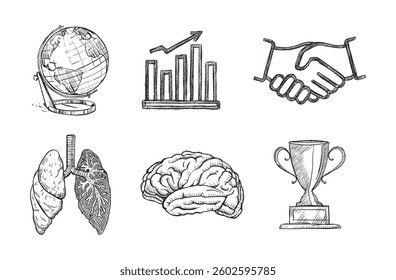 Hand-drawn sketches featuring a globe, a bar graph, a handshake, lungs, a brain, and a trophy. Ideal for themes like business, health, and education.