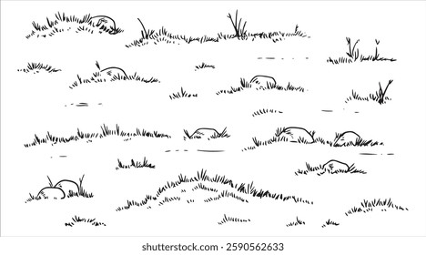 Hand-drawn sketches of grassy fields, rocky landscapes, and doodle natural scenery. Set for nature-themed projects, backgrounds, or illustrations