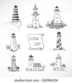 Hand-drawn sketches of lighthouses. Vector illustration.