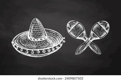 Hand-drawn sketches of maracas and sombrero on chalkboard background. Vintage drawing of hat. Vector black ink outline illustration. Mexican culture, clothes, Latin America.