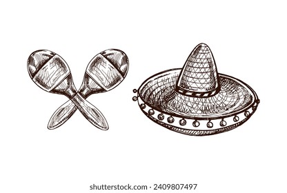 Hand-drawn sketches of maracas and sombrero. Vintage drawing of hat. Vector black ink outline illustration. Mexican culture, clothes, Latin America.	