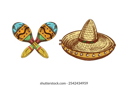 Hand-drawn sketches of maracas and sombrero. Vintage drawing of hat. Vector black ink outline illustration. Mexican culture, clothes, Latin America.	