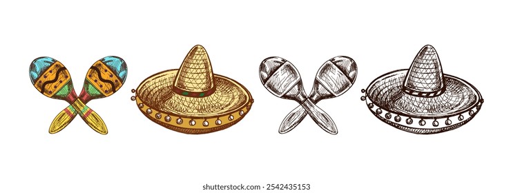 Hand-drawn sketches of maracas and sombrero. Vintage drawing of hat. Vector black ink outline illustration. Mexican culture, clothes, Latin America.	