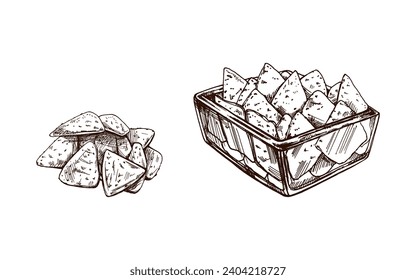 Hand-drawn sketches of nachos in a glass bowl and handful of nachos. Vintage drawing. Vector black ink outline food illustration. Mexican food, cuisine. Illustration for the menu. Latin America.