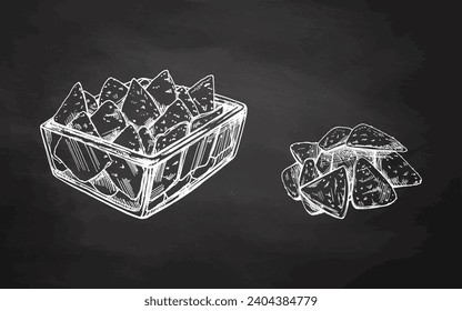 Hand-drawn sketches of nachos in a glass bowl and handful of nachos. Vintage drawing on chalkboard background. Vector food illustration. Mexican food. Illustration for the menu. 