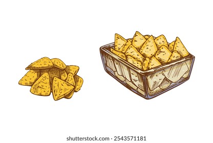 Bocetos de nachos dibujados a mano en un recipiente de vidrio y un puñado de nachos. Dibujo de Antiguas. Ilustración de comida de contorno de tinta negra de Vector. Comida mexicana, cocina. Ilustración para el menú. Latina América.