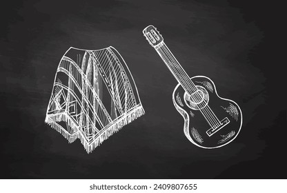 Esbozos dibujados a mano de poncho mexicano realista y guitarra sobre el fondo de pizarra. Dibujo vintage. Ilustración del contorno de tinta negra vectorial. Cultura mexicana. América Latina.