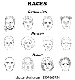 Hand-drawn sketching set of vector black-and-white portraits of people of different races with different hairstyles.