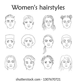 Hand-drawn sketching set of vector black-and-white females portraits  of different races with different hairstyles.