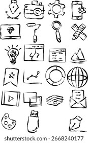 Conjunto de iconos de estilo de boceto dibujado a mano con Elementos de diseño, medios, negocios y Web. Ideal para proyectos creativos, Sitios web y materiales de marketing