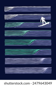 Hand-drawn sketch-style illustration of a sequence of ocean waves.