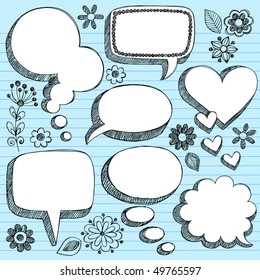 Hand-Drawn Sketchy 3-D Shaped Comic Book Style Speech Bubbles- Notebook Doodles on Blue Lined Paper Background- Vector Illustration