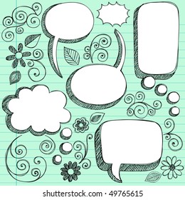 Hand-Drawn Sketchy 3D Shaped Comic Book Style Speech Bubbles- Notebook Doodles on Green Lined Paper Background- Vector Illustration