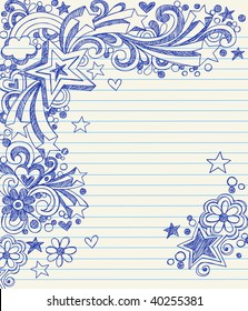 Hand-Drawn Sketchy 3-Dimensional Star Notebook Doodles on Lined Paper Vector Illustration