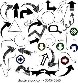 Hand-drawn sketchy arrows. Vector illustration for advertising, design, web site, business presentations. School pattern, business background. Set of doodle arrows. 