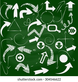 Hand-drawn sketchy arrows. Vector illustration for advertising, design, web site, business presentations. School pattern, business background. Set of doodle arrows. 