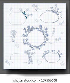 Hand-Drawn Sketchy Borders with Flowers and Plants. Doodles Vector Illustration