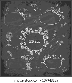 Hand-Drawn Sketchy Borders with Flowers and Plants on black chalkboard. Doodles Vector Illustration